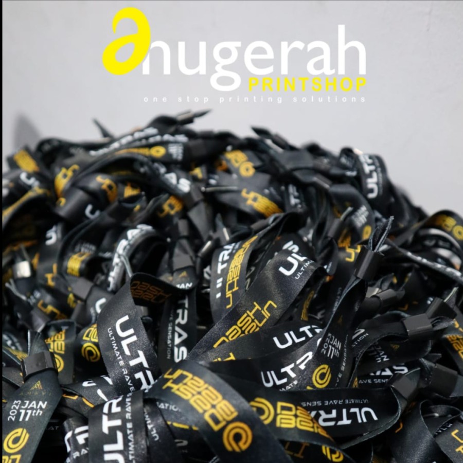 Cetak Gelang Lanyard Model Serut / Wristband Event Tissue Lanyard / Gelang Konser Custom Full Color
